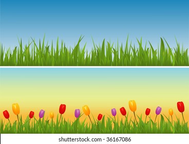 Banners of grass and flowers during different parts of the day.