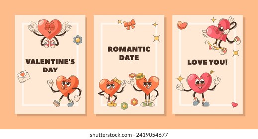 Banners Or Greeting Cards For Valentine Day With Vibrant, Retro Cartoon Groovy Hearts Characters Exude Love, Positivity