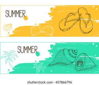 Banners with hand drawn elements over brush strokes and paint splashes grunge background for summertime holidays and resorts design