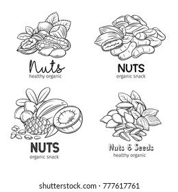 Banners with hand drawn nuts and seeds. Pistachio, cashew, coconut, hazelnut and macadamia. Cola nut, pumpkin seed, peanut and sunflower seeds. Vector illustration in sketch retro style.