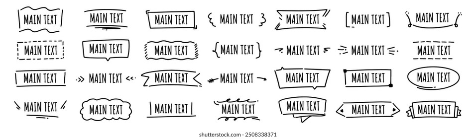 Anuncios con doodle de escritura a mano, marcos con espacio de copia. Vector conjunto aislado de bordes gráficos para interfaz de usuario de aplicación o Sitio web, campo de texto para mensajería o presentación, cuadro de diálogo o burbuja de voz