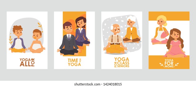 Banners with happy cartoon meditating people characters for different occasions, classes for children, for office workers, for pensioners and moms. Healthy lifestyle. Treatment for soul and mind.