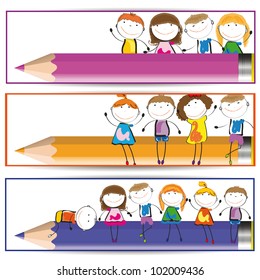 Banners with happy kids and colorful crayons