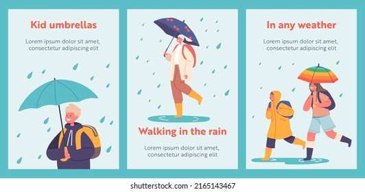 Banners with Happy Kids Walk under Umbrella, Little Boys and Girls Characters in Warm Clothes with Backpack Walking by Puddles at Rainy Weather to School. Autumn Monsoon. Cartoon Vector Posters