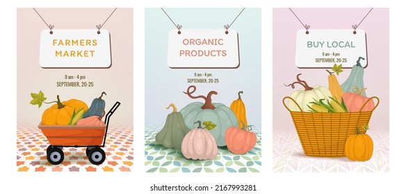 Banners for harvest sale market. With pumpkins vertically. Autumn background A4. For organic products