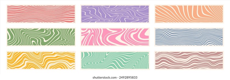 Banners, headers, elongated 4:1 rectangles set. Groovy hand drawn stripes, doodle uneven lines, waves, organic liquid marble stains retro backgrounds collection. Rectangle label, sticker templates.
