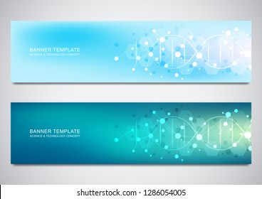 Banners and headers for site with DNA strand and molecular structure. Genetic engineering or laboratory research. Abstract geometric texture for medical, science and technology design