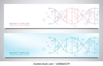 Banners and headers for site with DNA strand and molecular structure. Genetic engineering or laboratory research. Abstract geometric texture for medical, science and technology design