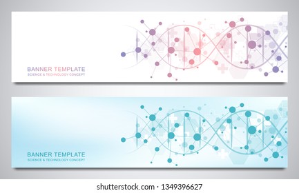 Banners and headers for site with DNA strand and molecular structure. Genetic engineering or laboratory research. Abstract geometric texture for medical, science and technology design