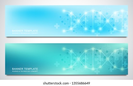 Banners and headers for site with DNA strand and molecular structure. Genetic engineering or laboratory research. Abstract geometric texture for medical, science and technology design