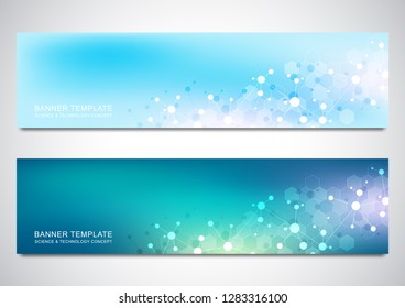 Banners and headers for site with molecules background and neural network. Genetic engineering or laboratory research. Abstract geometric texture for medical, science and technology design