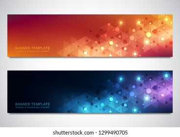 Banners and headers for site with molecules background and neural network. Genetic engineering or laboratory research. Abstract geometric texture for medical, science and technology design