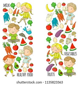 Banners. Healthy food for children. Kindergarten, school kids eating watermelon, eggplant, fish, tomato, avocado, milk, carrot, mushrooms. Fruits and vegetables. Vector patterns.