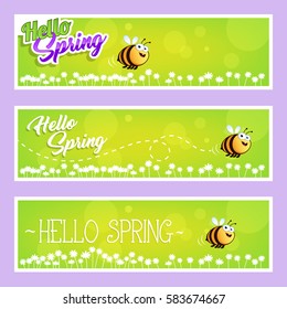 Banners hello spring with a cartoon bee