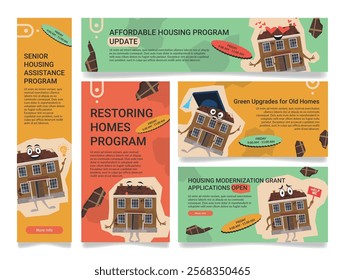 Banners highlight several housing programs, offering grants and assistance for homeowners to renovate, restore, and modernize old homes.