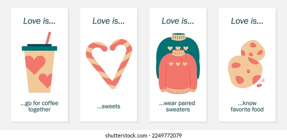 Banners for holiday Valentine Day. Inserts Love is... Quotes about love. A cup of coffee, lollipops, matching sweaters and cookies. Heart. Banners for February 14 for social network. Vector.