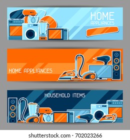 Banners With Home Appliances. Household Items For Sale And Shopping Advertising Poster.