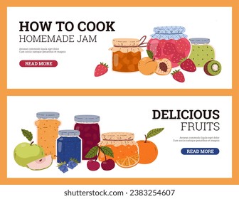 Banners with homemade berry jam, vector illustration isolated on white background. Horizontal cards and templates, berry dessert and fruits. Simple flat cartoon style. Colored objects