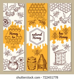 Banners with honey product pictures. Bee, honeycomb. Vector illustrations. Sweet honey natural banner collection