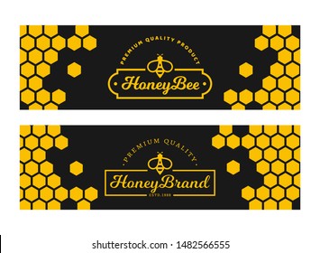 Banners with honeycomb and bee logos for natural honey products. Vector templates. Set of horizontal black and yellow labels isolated on a white background.