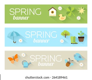 Banners with icons of animals and plants representing spring, nature and freshness. Illustration in modern flat design style.