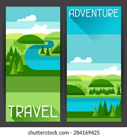 Banners with illustration of river landscape and fields in flat style.