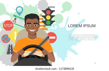 Banners illustration of road symbols and black african american man driver character