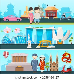 Banners illustrations of east countries vietnam, thailand and singapore. Building architecture and culture country of asian, cultural national east vector