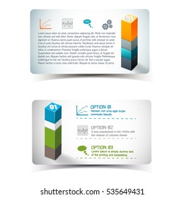 Banners with infographics elements including information icons and 3d column from geometric forms isolated vector illustration