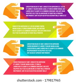 banners for information pointing hand. Flat vector style