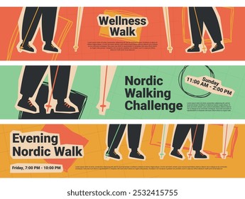 Banners inviting everyone to take part in the Nordic Walking Challenge weekend event, which promotes health and community involvement in sporting activities.