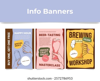 Banners inviting to a practical brewing seminar, where the listener will learn about unique craft beers, tasting methods and receive useful advice from experts.