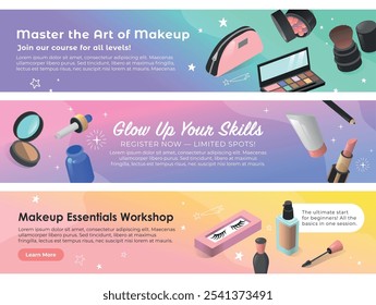 Anuncios invitando a Registrarse para un divertido curso de maquillaje diseñado para todos, desde principiantes hasta expertos. Aprende técnicas y consejos esenciales para mejorar tus habilidades de belleza a tu propio ritmo