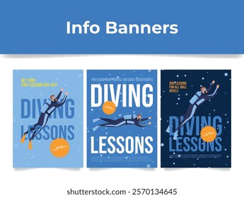 Banners inviting you to diving lessons, suitable for both beginners and experienced divers. The lessons are taught by qualified instructors, offering an unforgettable diving experience.