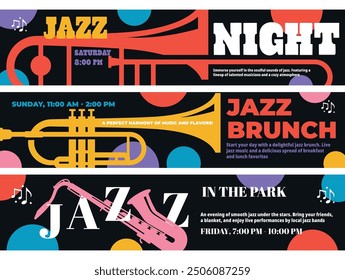 Banners inviting you to enjoy an evening of soulful jazz with local musicians in a lively atmosphere on a late Saturday night