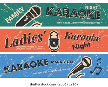 Banners inviting you to enjoy a vibrant karaoke night filled with fun, laughter and music for families and friends, as well as drink specials and non-stop singing.