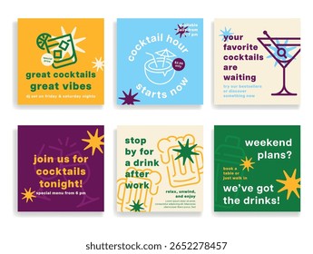 Banners inviting you to immerse yourself in the vibrant atmosphere of the cocktail bar with special menus, live music and exciting events.