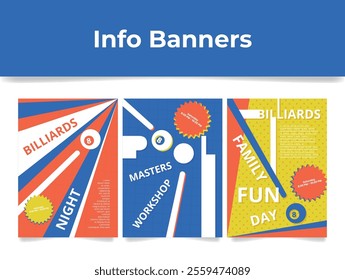 Banners inviting you to join an exciting evening of billiards filled with exciting games, competitions and workshops that are suitable for players of all ages and skill levels.