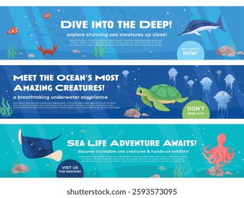 Banners inviting you to see the amazing sea creatures at the Marine Exhibit and discover amazing marine facts about this environment.