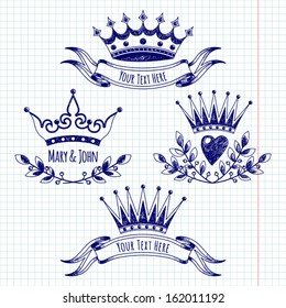 Banners and items with crowns drawn pen in a notebook.