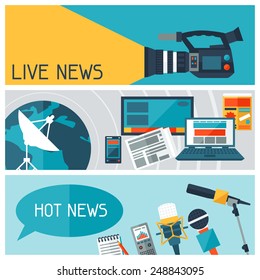 Banners with journalism icons. Mass media and press conference concept symbols in flat style.