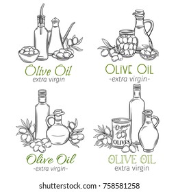 Banners or labels template with hand drawn sketch olives, tree branches, glass bottle, jug , metal dispenser and olive oil for farmers market packaging design. Vector illustration in ink retro style.