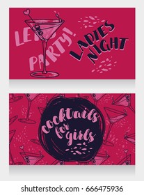 Banners for ladies night party with bright cocktails, pink colors, vector illustration