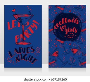 Banners for ladies night party with bright cocktails, blue and purple colors, vector illustration