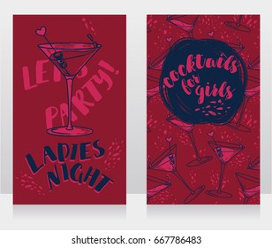 Banners for ladies night party with bright cocktails, marsala color,  vector illustration