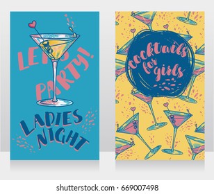 Banners for ladies night party with bright cocktails, fresh summer colors, vector illustration