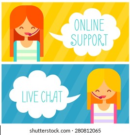 Banners With Live Chat Support Managers, Young Smiling Girls With Headset. Vector Flat Illustration.