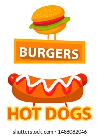 Banners and logotypes for eatery and diner, fast food bistro signboards. Burgers and hot dogs with bun and ketchup, mustard and sausage dishes. Vector illustration in flat cartoon style