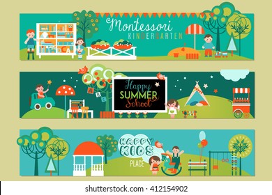 Banners And Logotypes Set For Early Learning, Preschool, Montessori Centers, Summer Kindergartens.
Vector Templates For Web, Posters, Publish Designs, Infographics Etc. Play And Learn.