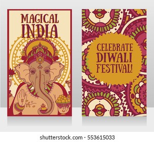 Banners with Lord Ganesha and ethnic ornament, can be used as card for celebration diwali festival or as touristic cards, vector illustration